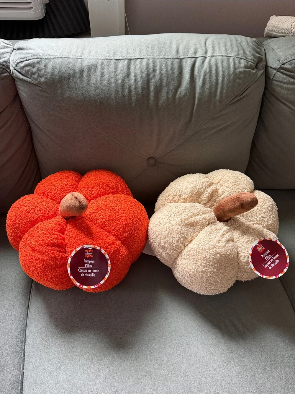 Set of 2 Sherpa Pumpkin Pillows Cream & Orange Boucle Plush Fall Decor NWT